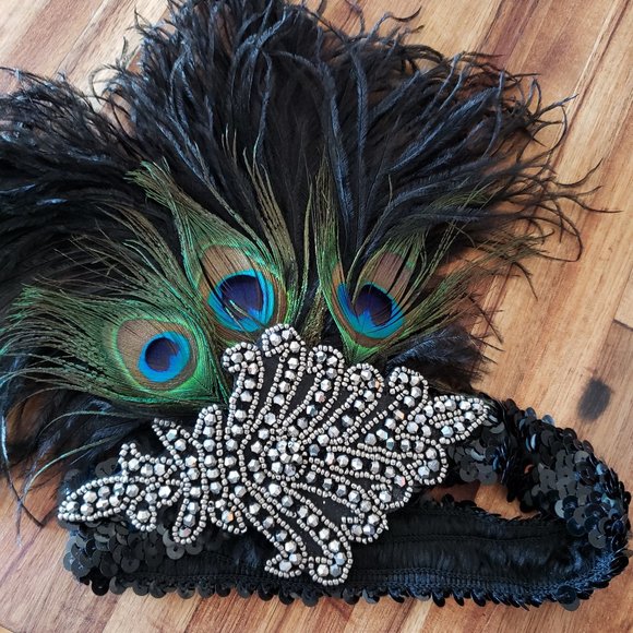 1920 Great Gasby complete outfit, dress, hat, gloves, shoes, feather headband - Picture 2 of 8